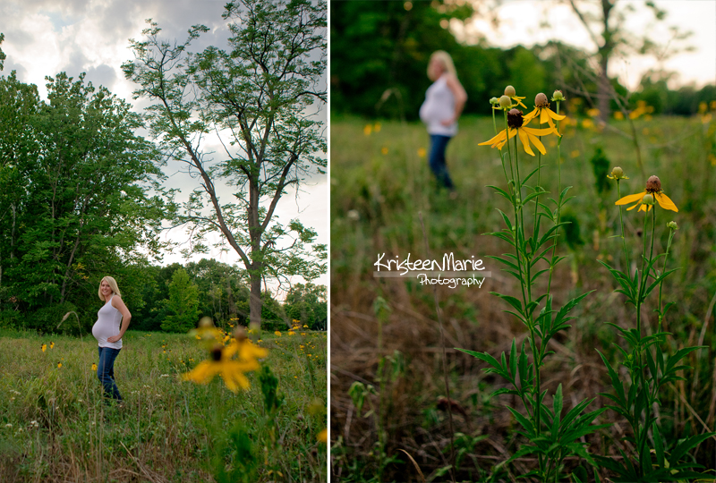 Mother to be in field with yellow flowers 