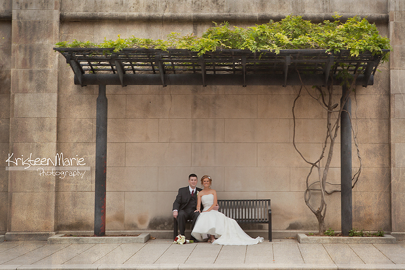 Bride and groom on canal downtown Indianapolis