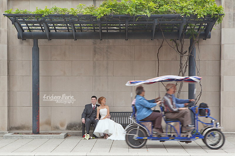 Bike past bride and groom on canal