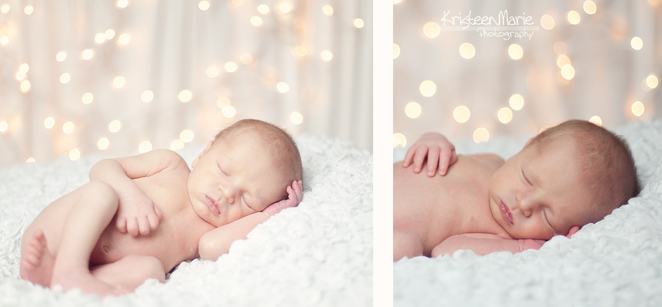 Newborn with Christmas lights in background