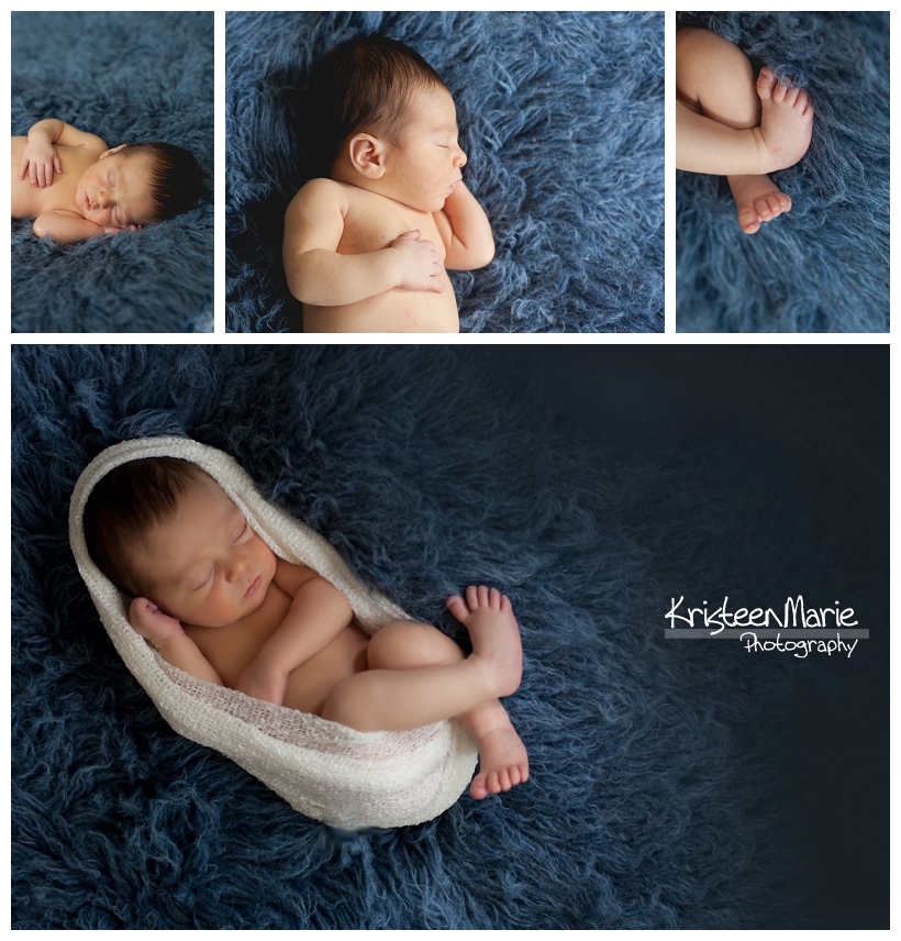 Newborn boy on blue flokati rug