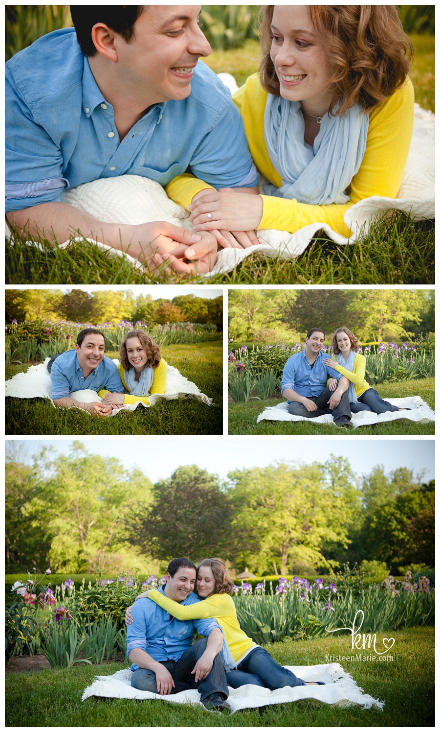 engagement picture on blanket in garden