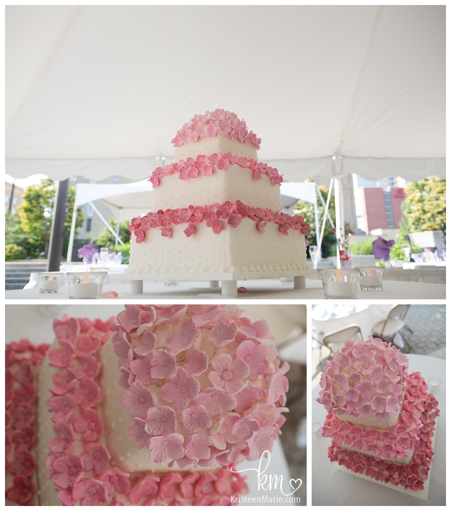wedding cake with pink sugar flowers