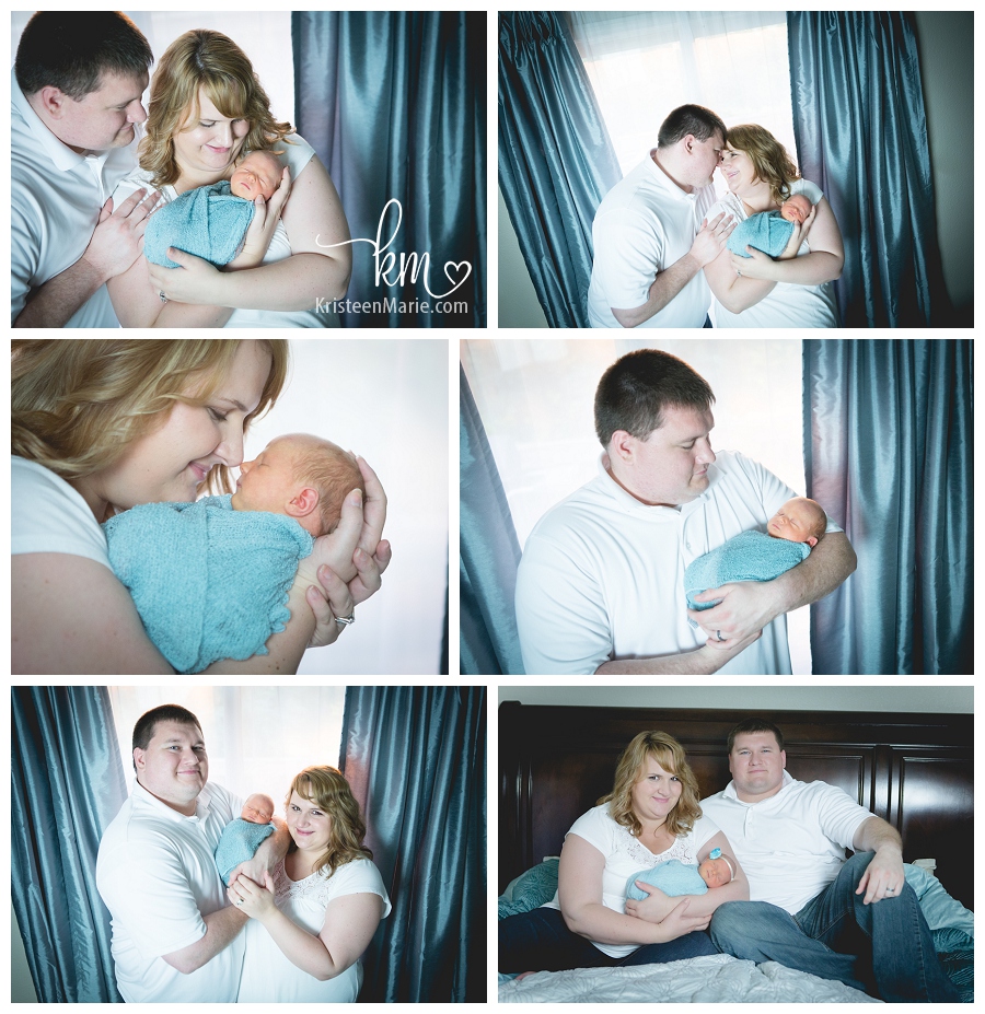 teal and white newborn pictures with famil