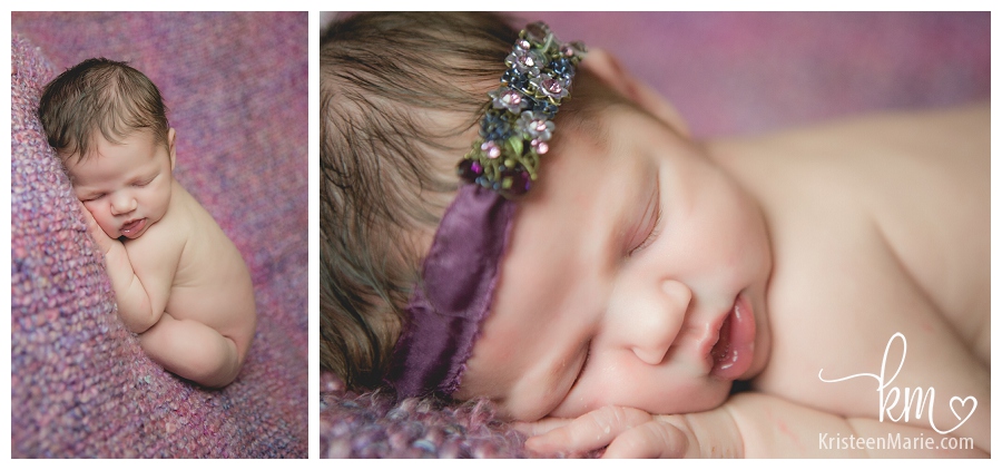 newborn with purple headband
