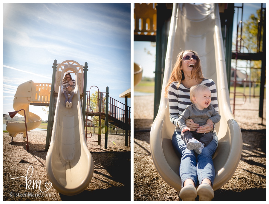 mother and son at park on slide