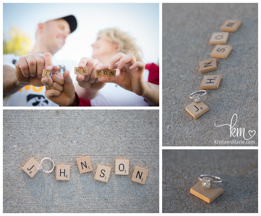 scrabble pieces and engagement ring