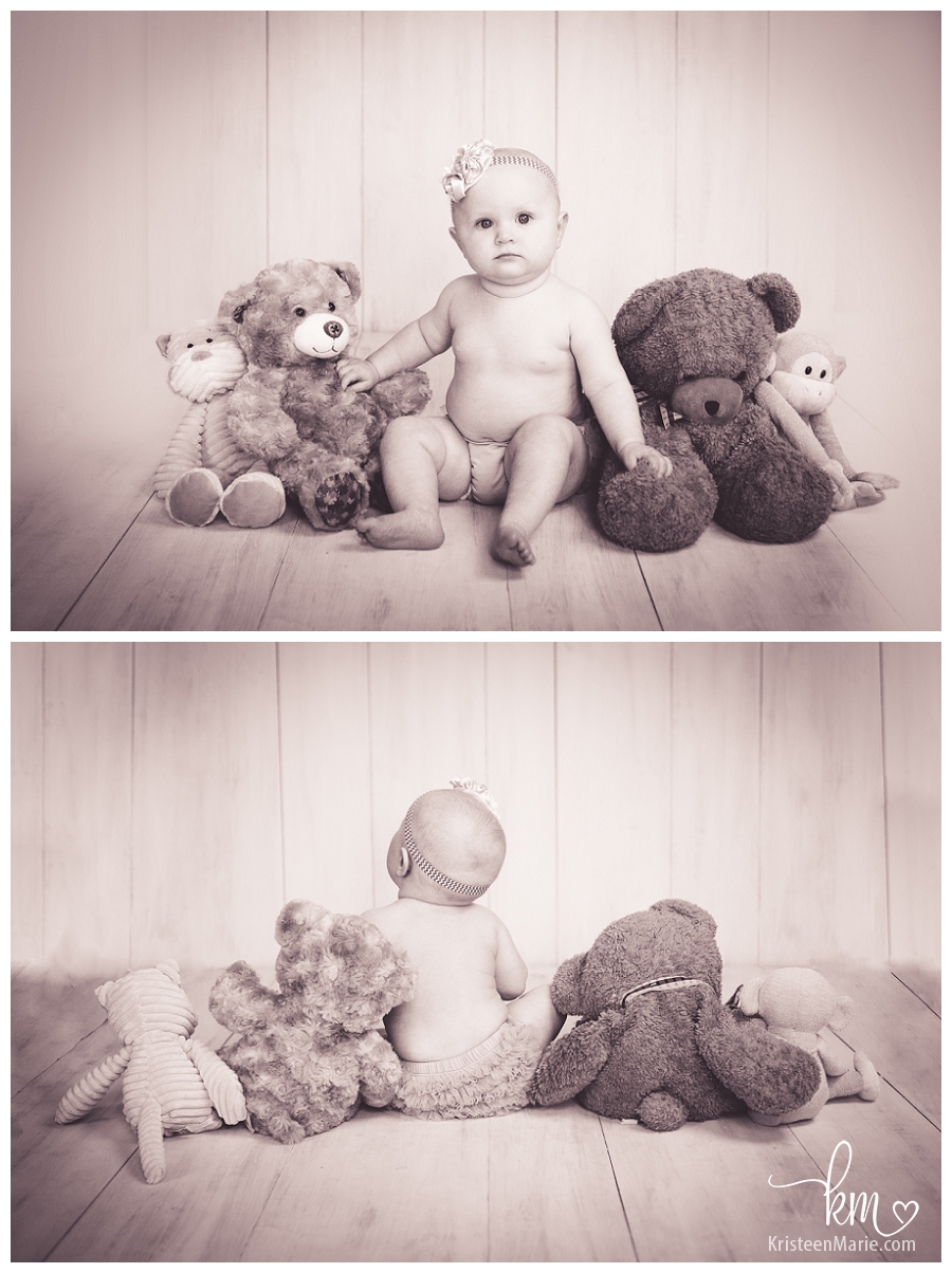 Little girl with stuffed bears 