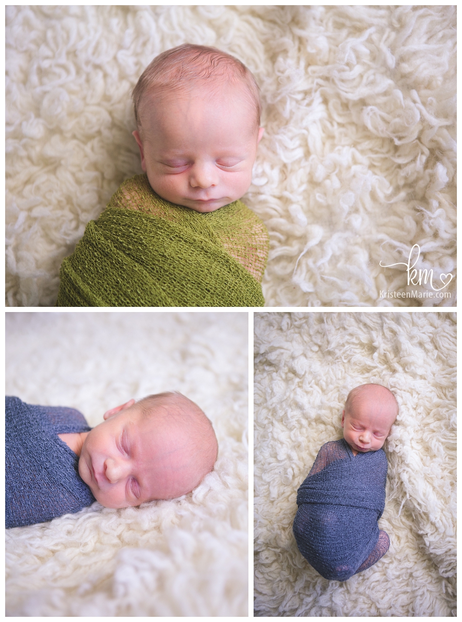 newborn boys in green and blue wraps