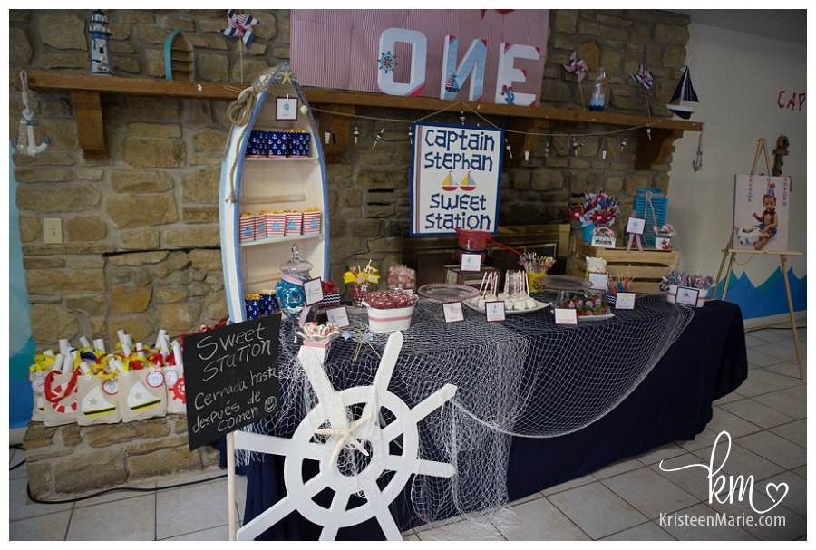 Snack station at sailing themed first birthday