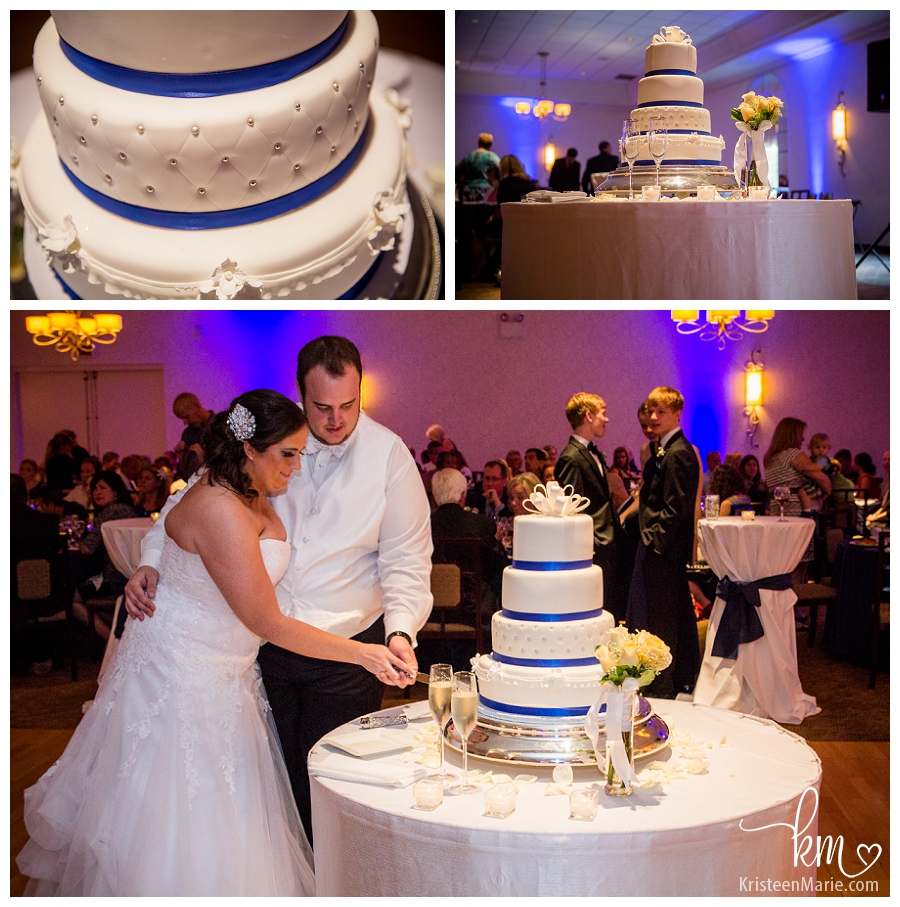 Wedding cake cutting at Wedding Reception Details at Ritz Charles in Carmel