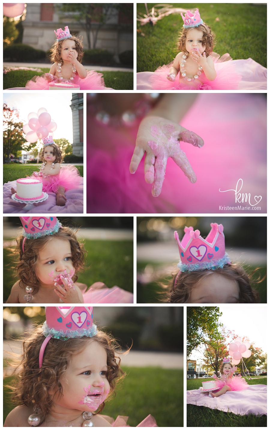 pink and white outside cake smash photography