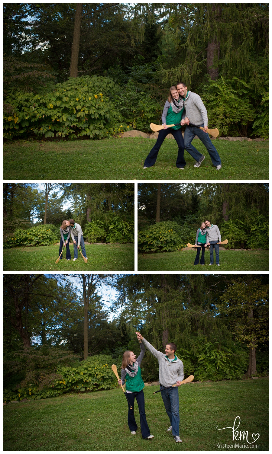 Couple playing hurling for engagement picture