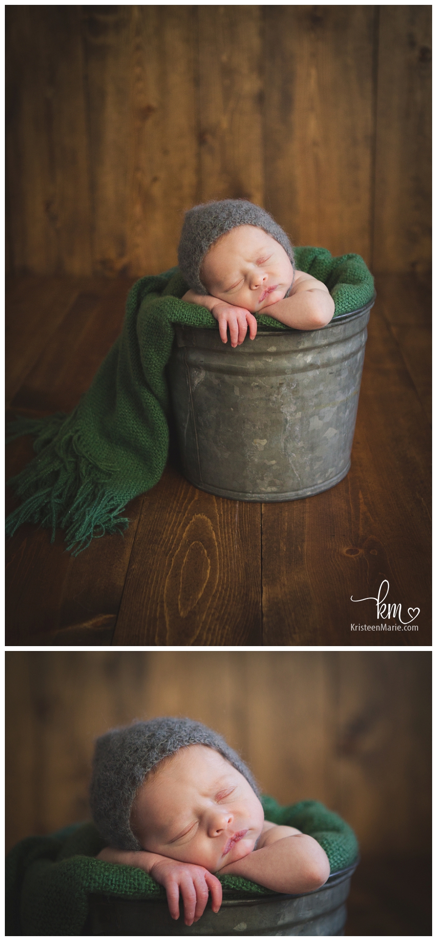 newborn in a bucket - brown and green