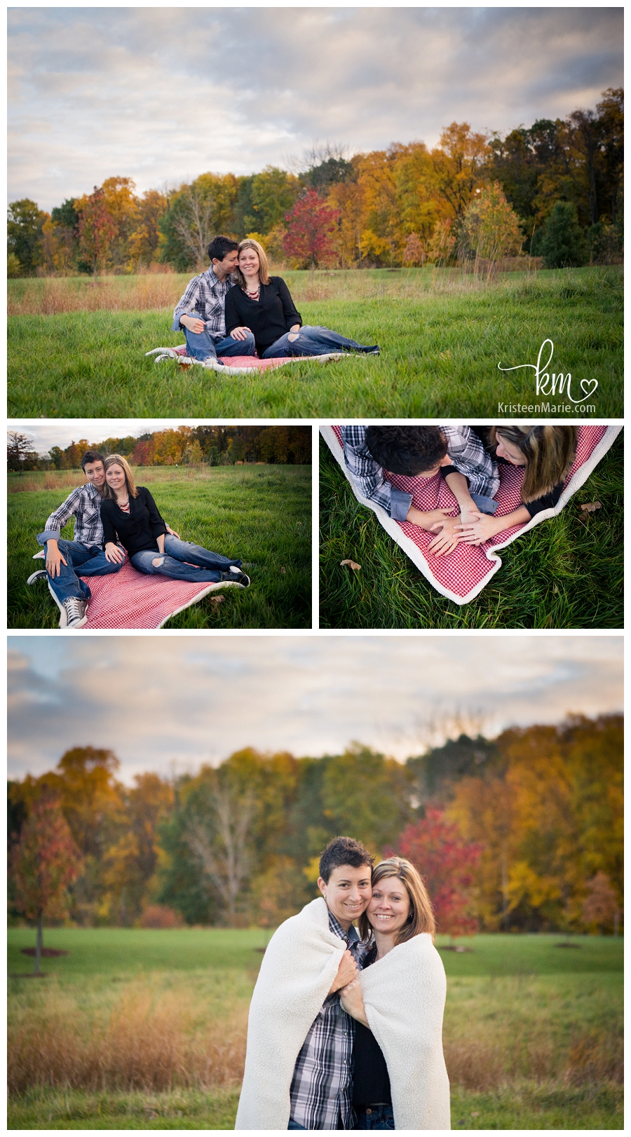 same sex couple in Fall on blanket for engagement