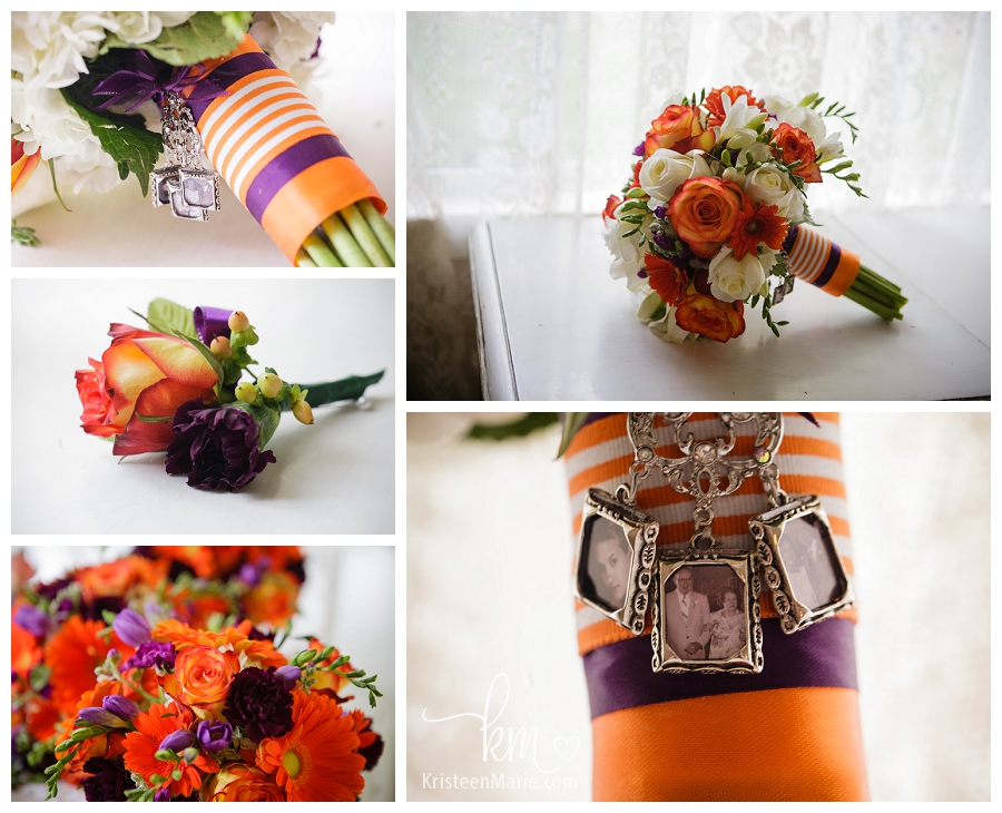 Purple and orange wedding flowers with picture charm on it 