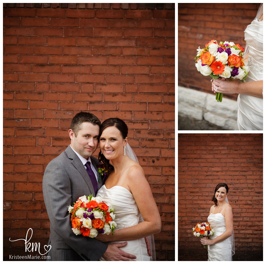 wedding photography against brick wall in Indianapolis, IN