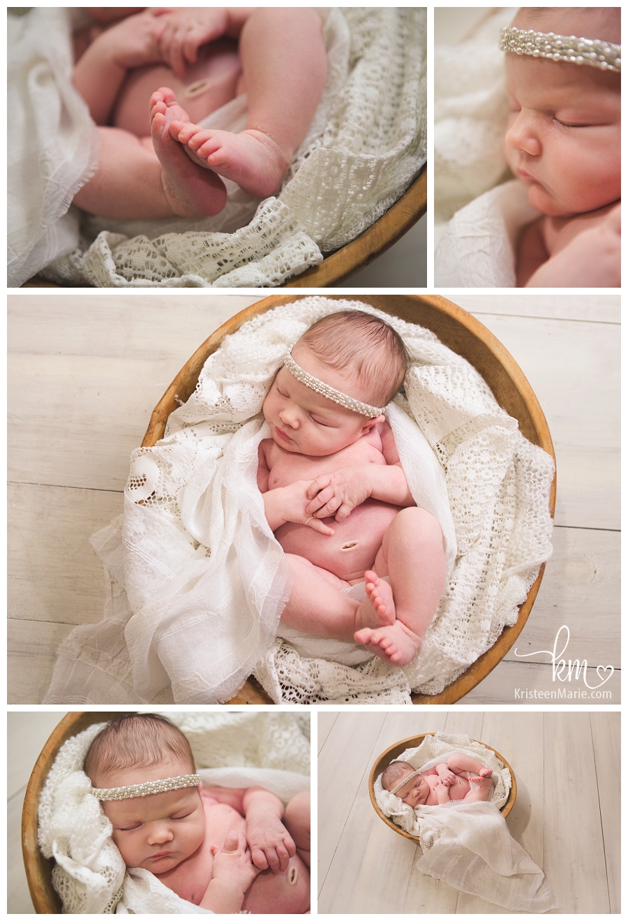 cream and white newborn picture - baby in a bowl