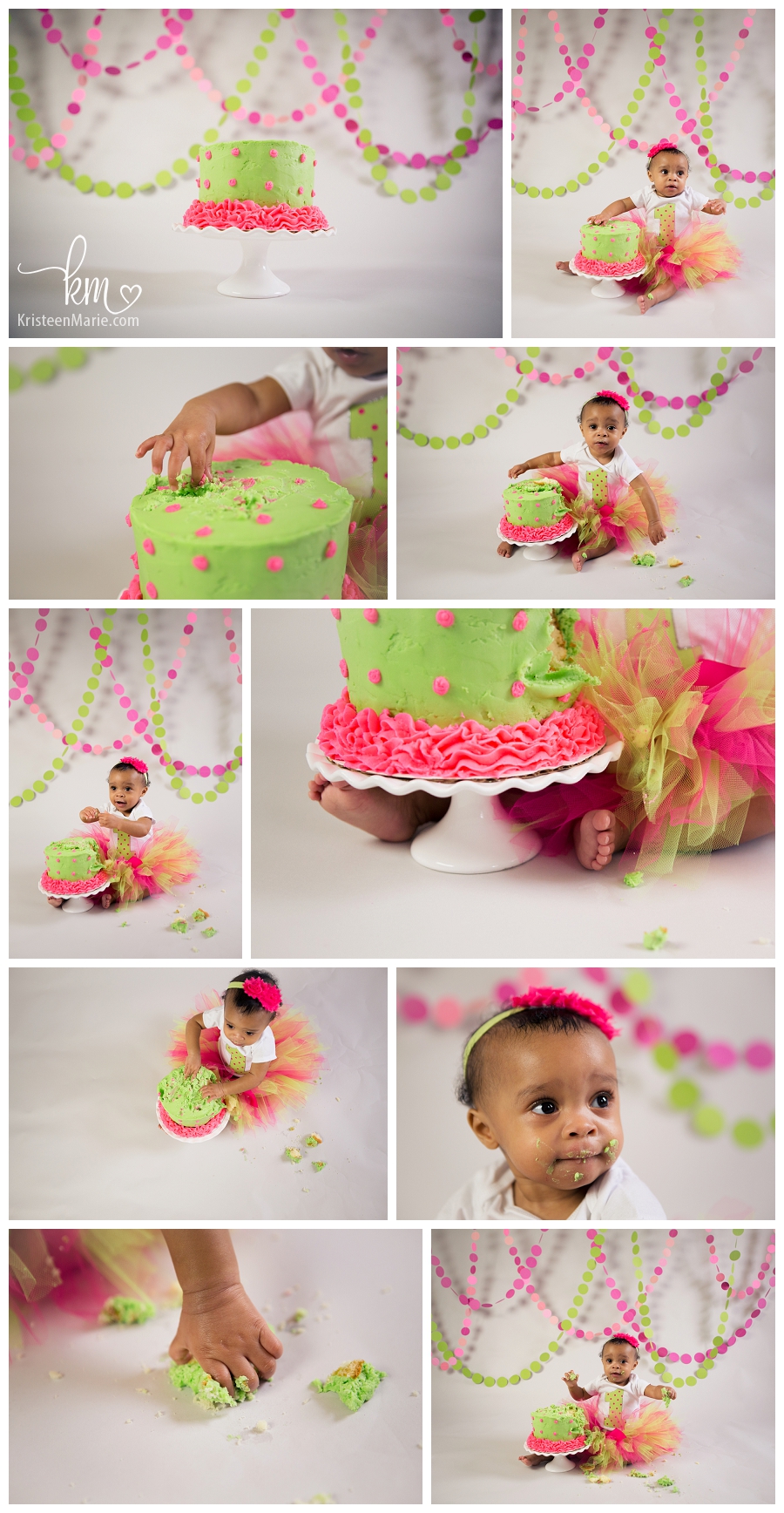 neon pink and green cake smash photography for little girl's first birthday 