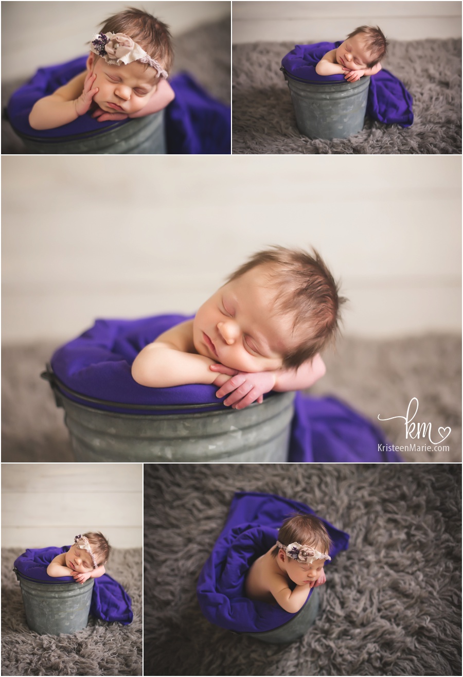 purple and grey - baby in a bucket
