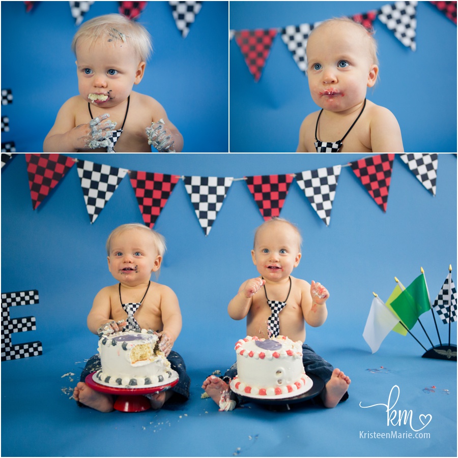 Twin boys enjoying thier birthday cake during photography session