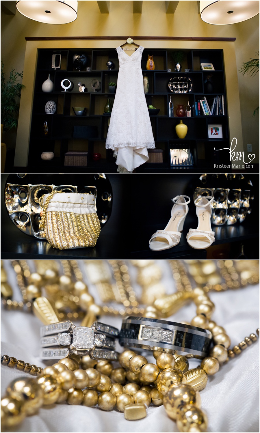 wedding details - dress, shoes, jewlery, and rings