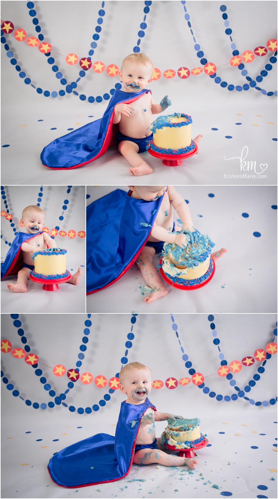 Super hero themed cake smash session my KristeenMarie Photography - blue and red super hero birthday party theme