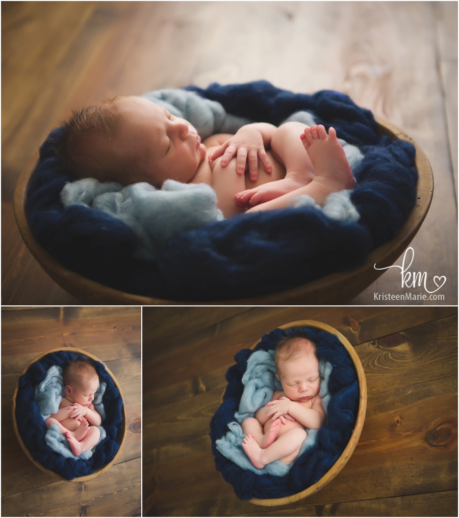 newborn boy in bowl - rustic wood and blue fluff