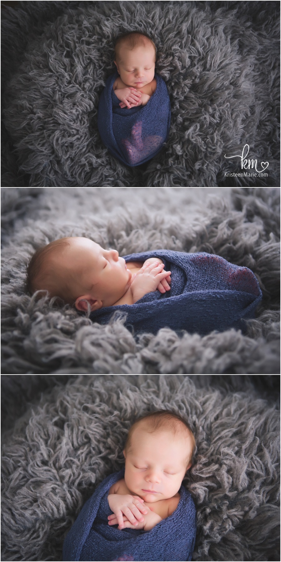 wrapped newborn baby - blue and grey