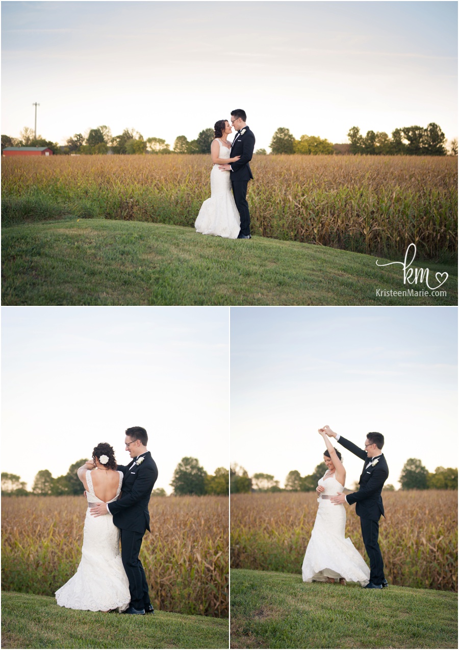 cornfields in background with bride and groom