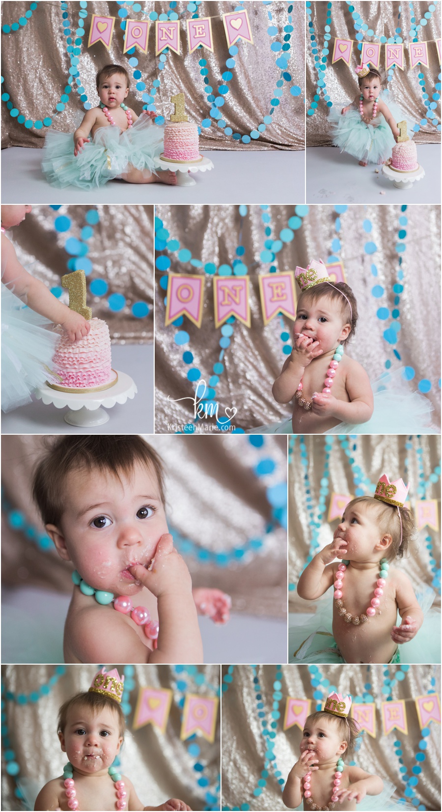 teal, pink and gold glitter cake smash session photography by KristeenMarie