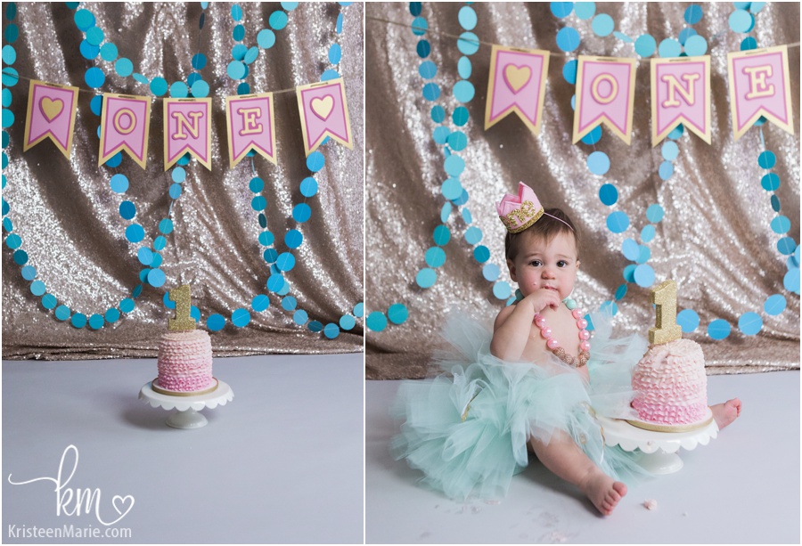 teal, pink and gold glitter cake smash session
