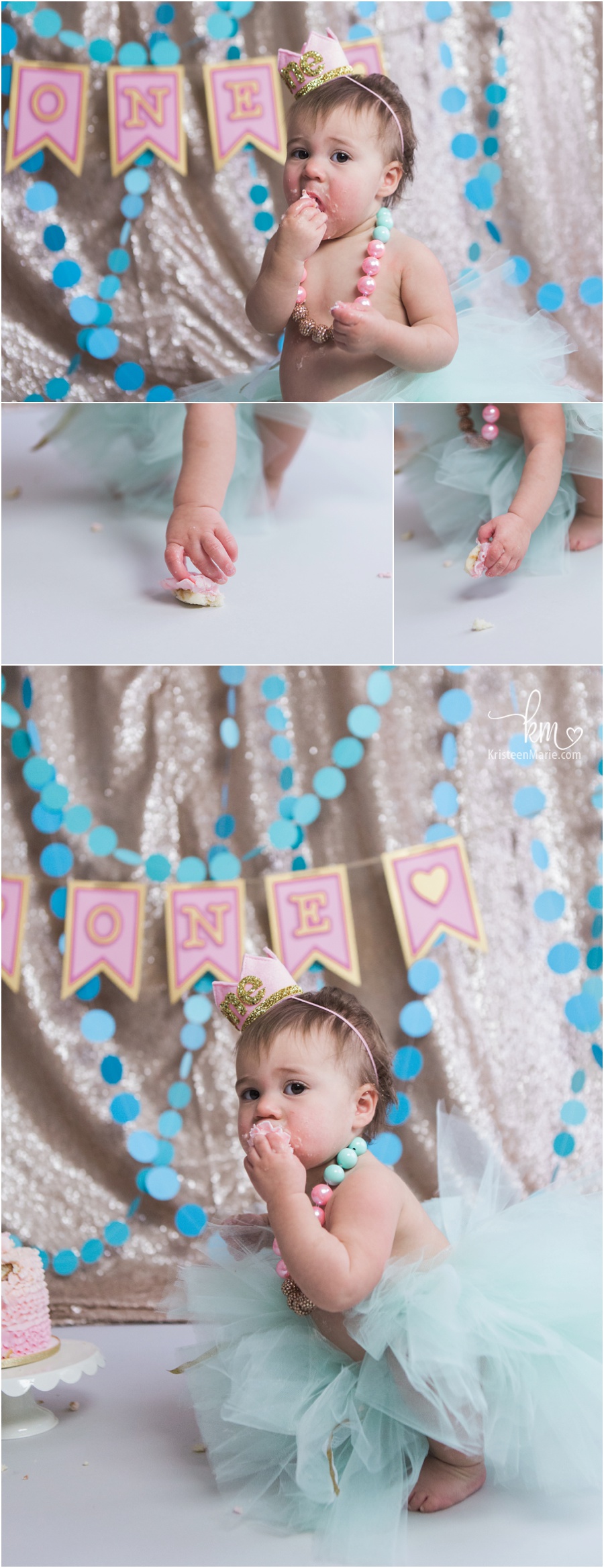 teal pink and gold 1st birthday cake smash