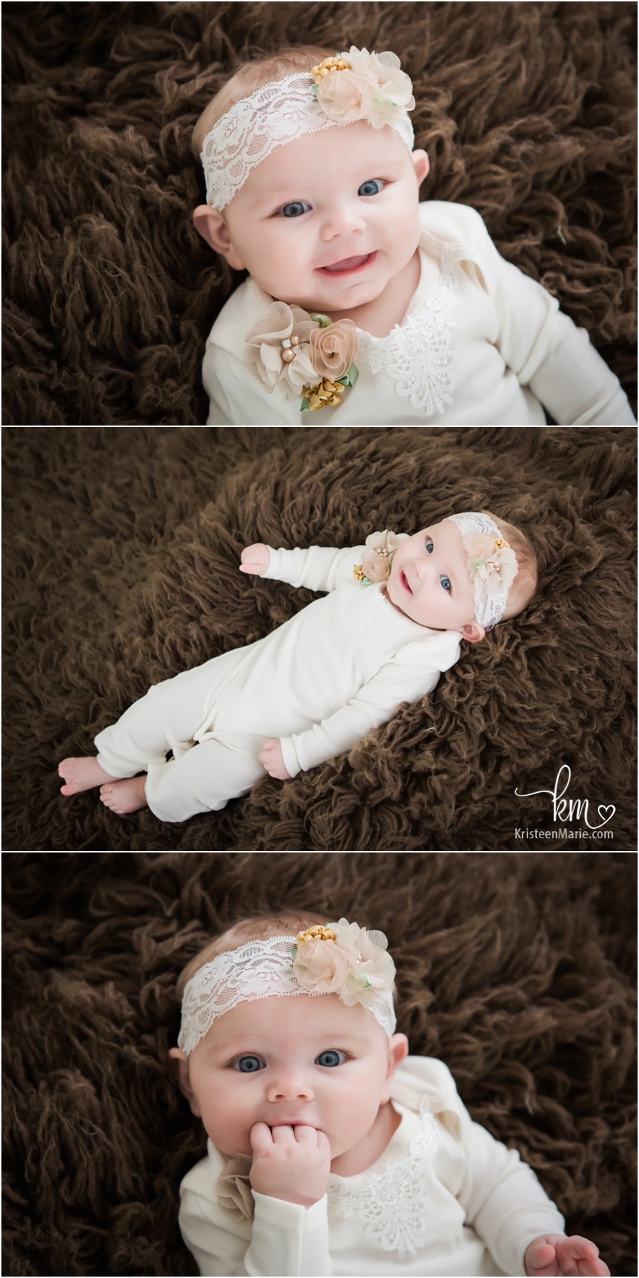 4 month old girl in cream, peach and brown - neutral colors