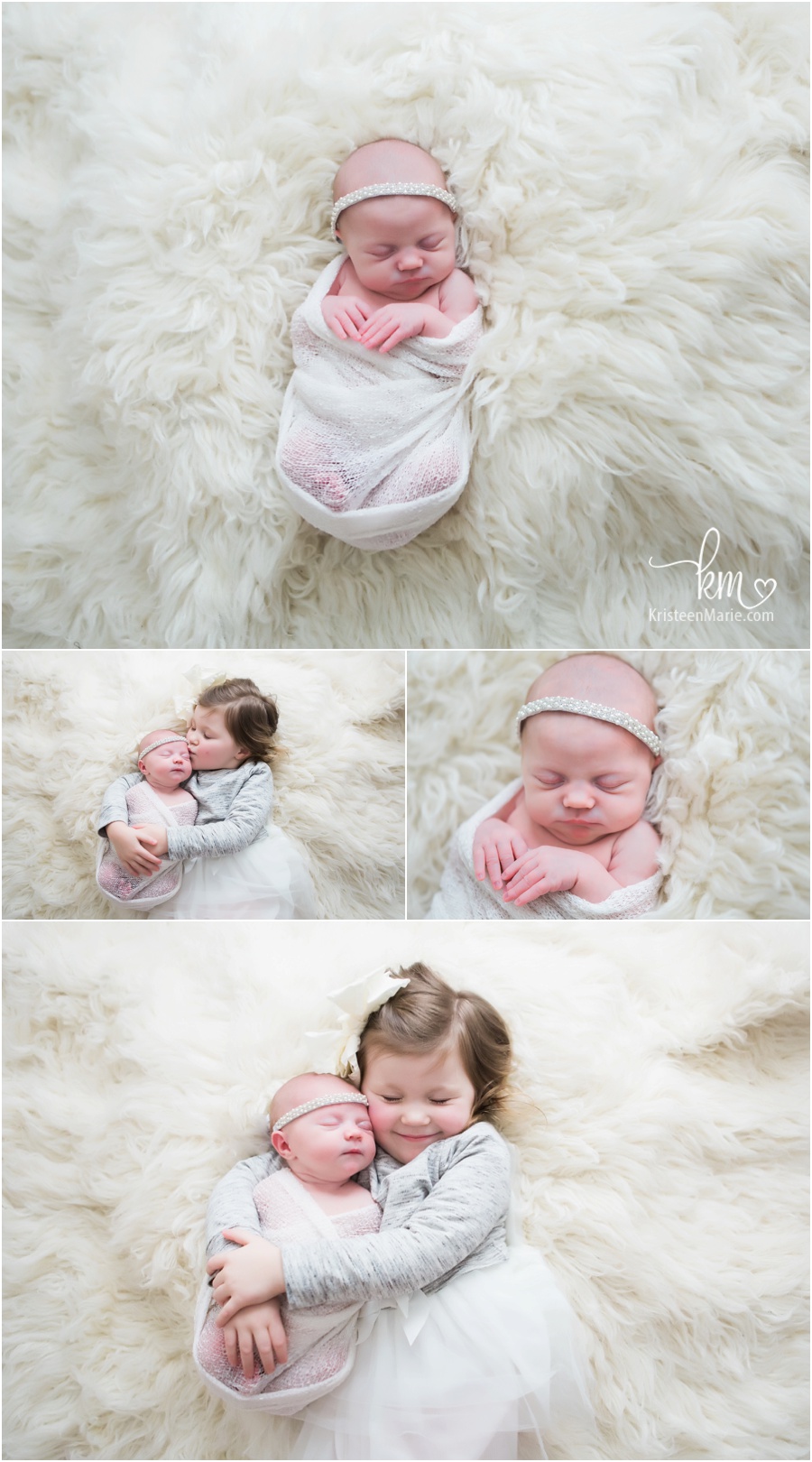 sibling pictures with newborn baby and big sister - cream backdrop