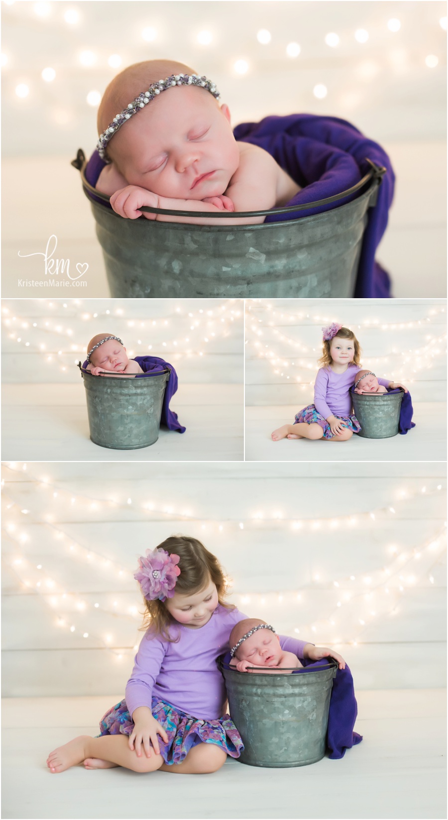newborn girl in bucket with lights behind her