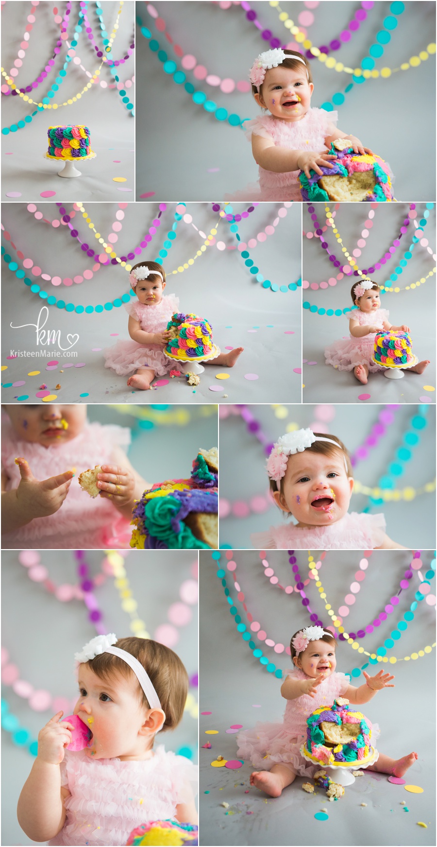 colorful cake smash session - teal, pink, yellow, and purple - 1st birthday cake smash for baby's 1st birthday party
