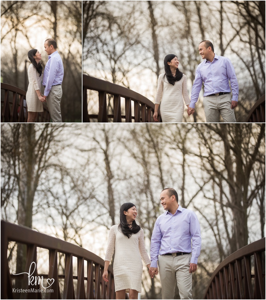 couple on bridge for engagement pictures