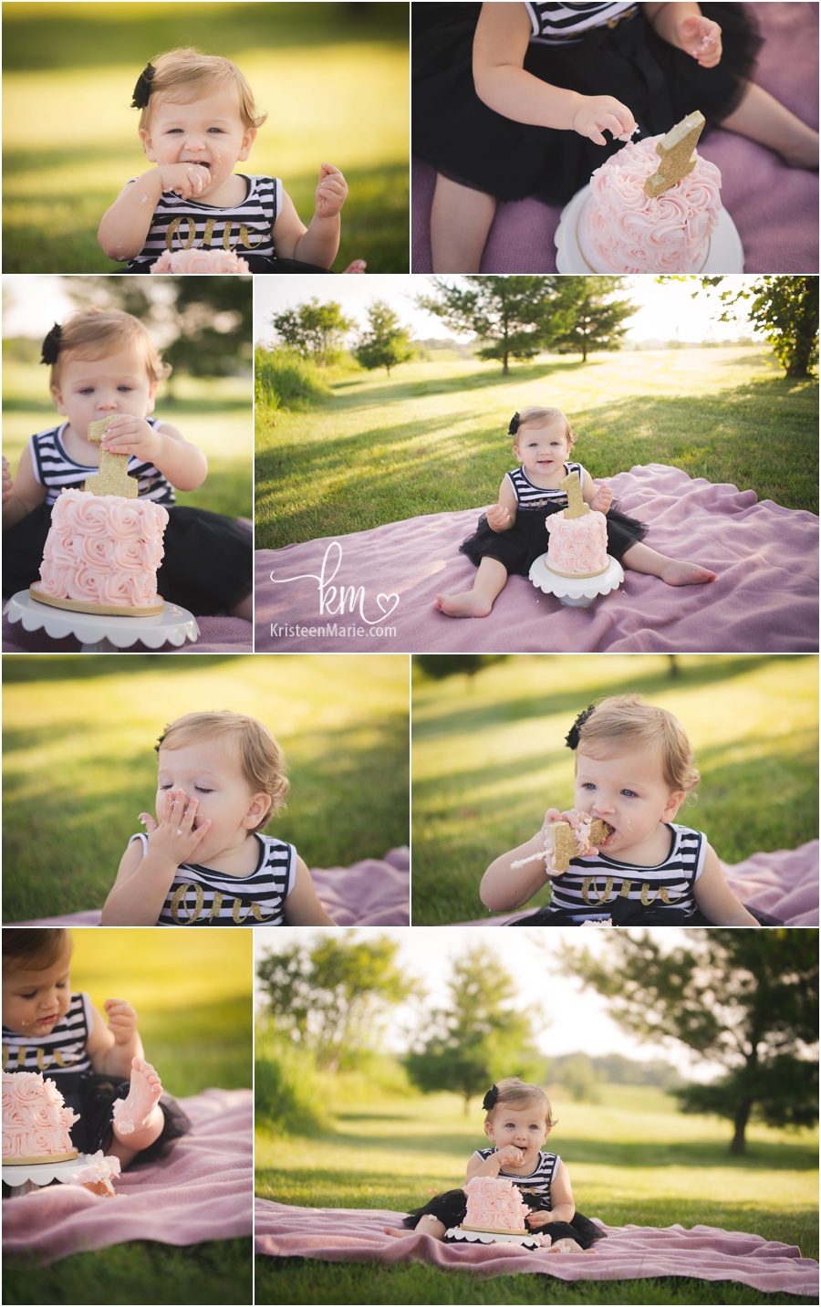 outdoor cake smash - little girl pink, gold, black and white 1st birthday cake smash
