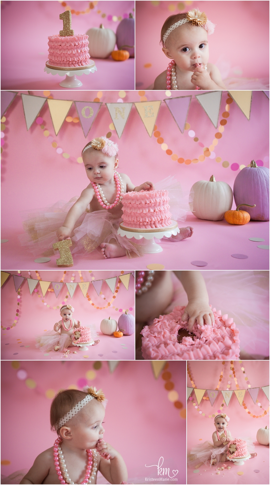 pink and gold pumpkin cake smash - 1st birthday theme pink and gold pumpkins