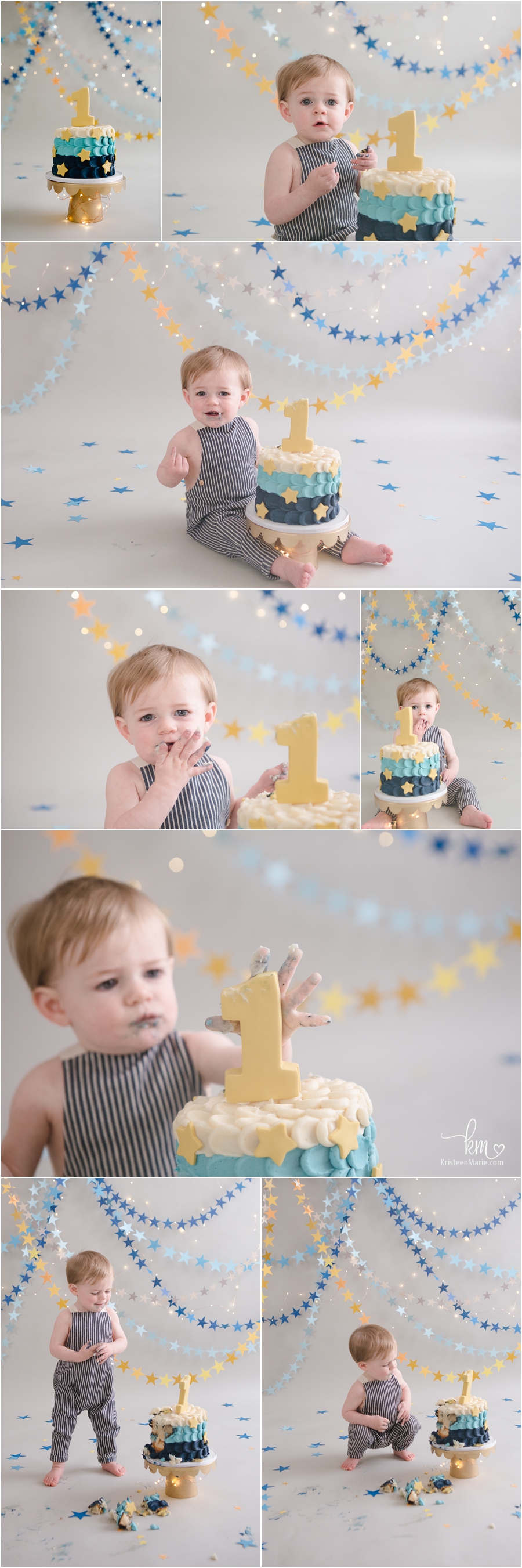 star themed 1st birthday party - blue and gold cake smash for boy