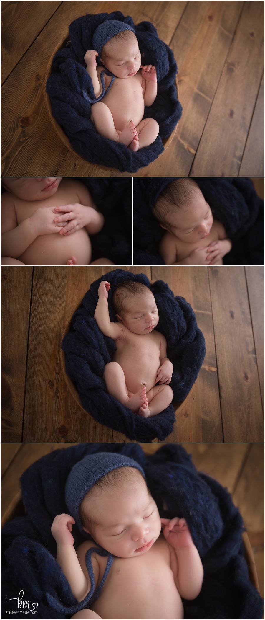 newborn baby boy on wood floor - blue and brown