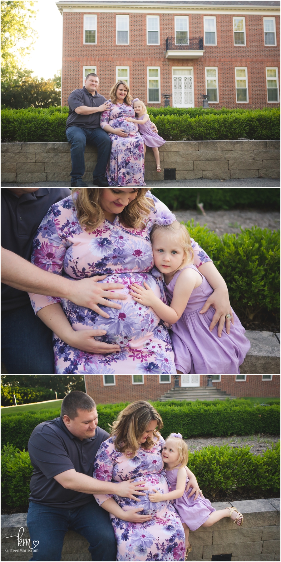 outdoor maternity session at sunset in purple dresses