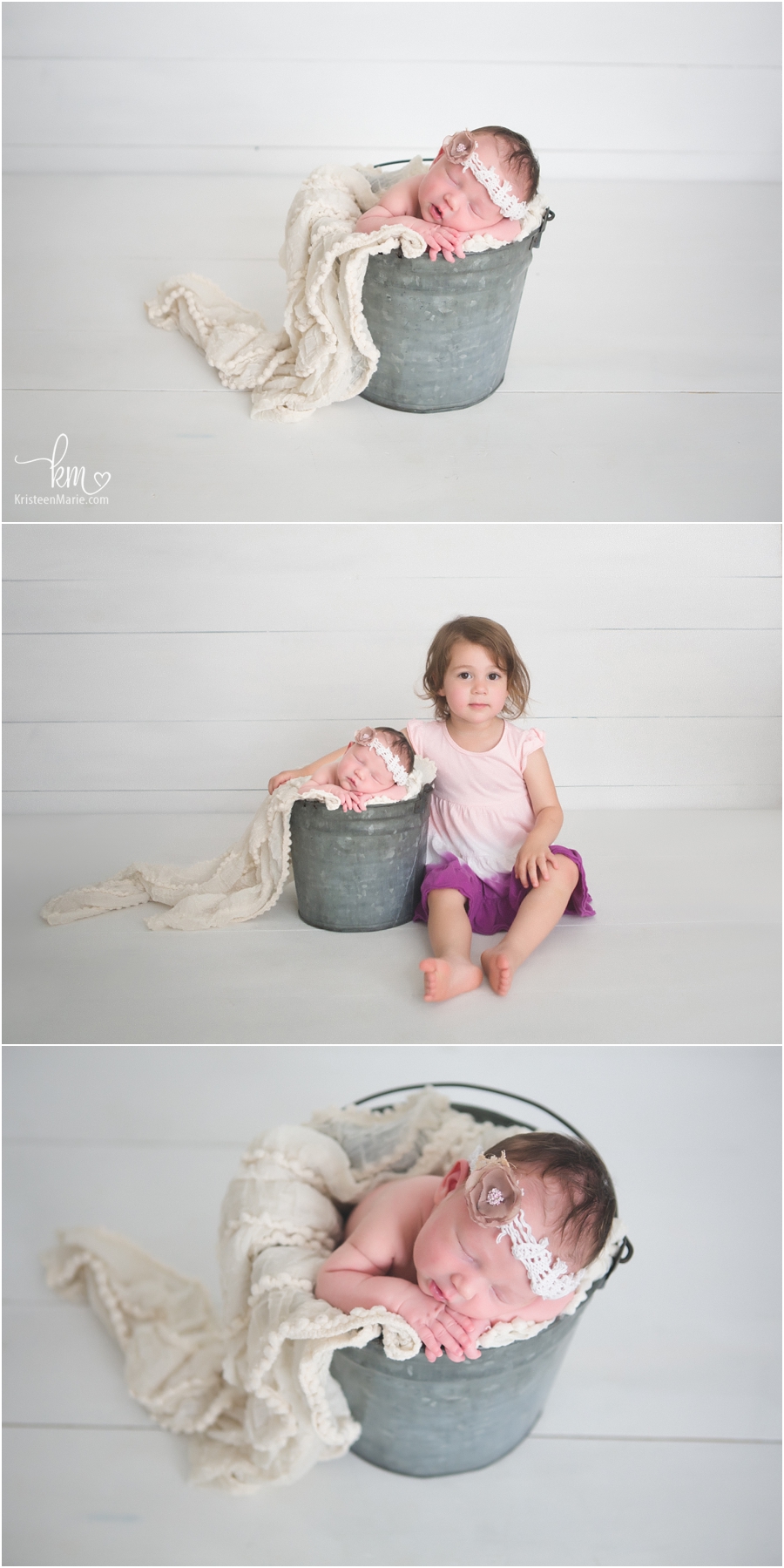 baby in a bucket and newborn baby with sister