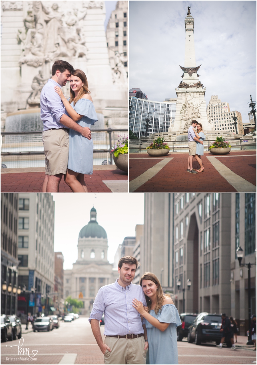 newly engaged couple on circle downtown Indianapolis