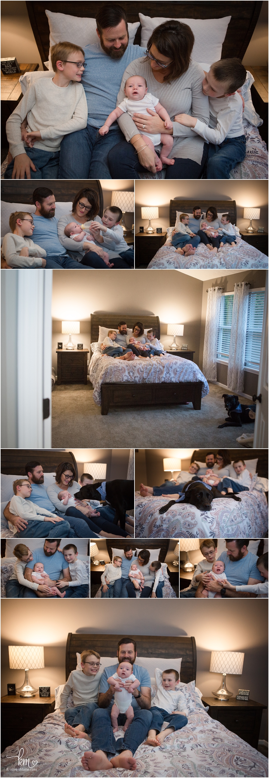 family cuddled up in mom and dad's bedroom - in-home newborn pictures