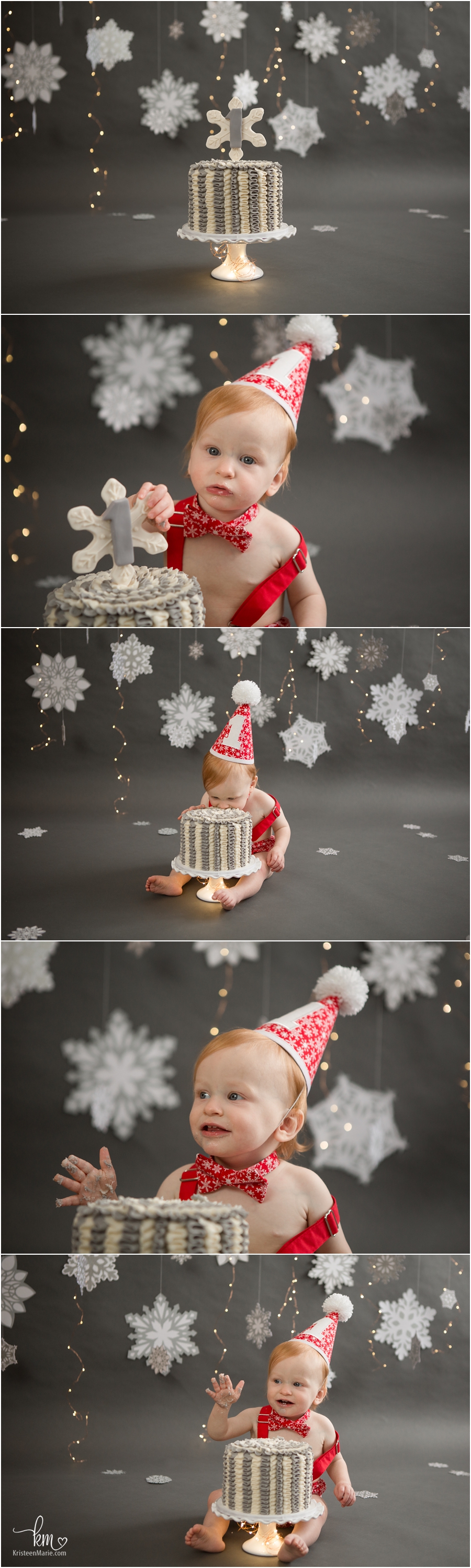 snowflake themed cake smash session with twinkle lights - witner ONEderland cake smash photography