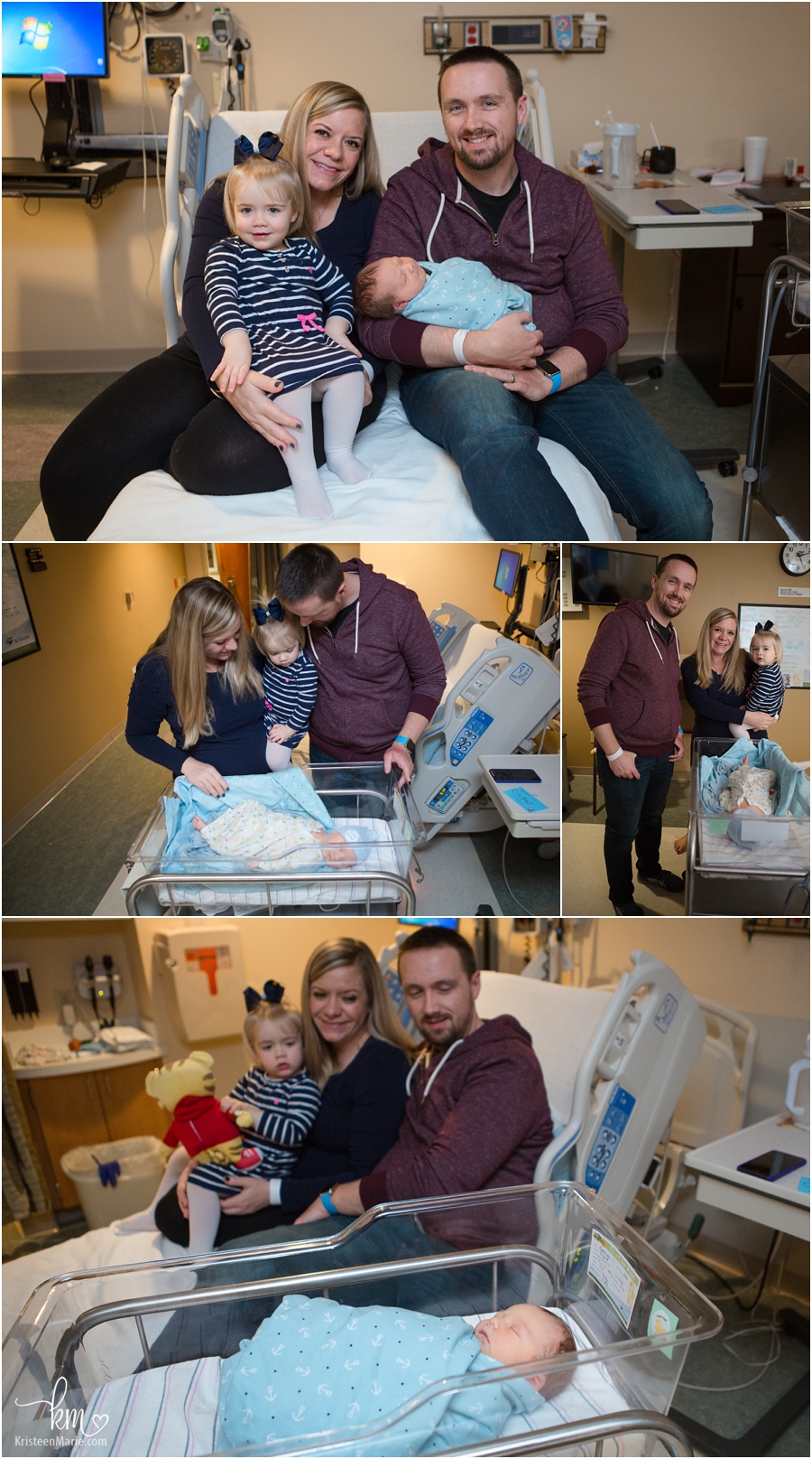 A family of 4 in the hospial after birth of baby