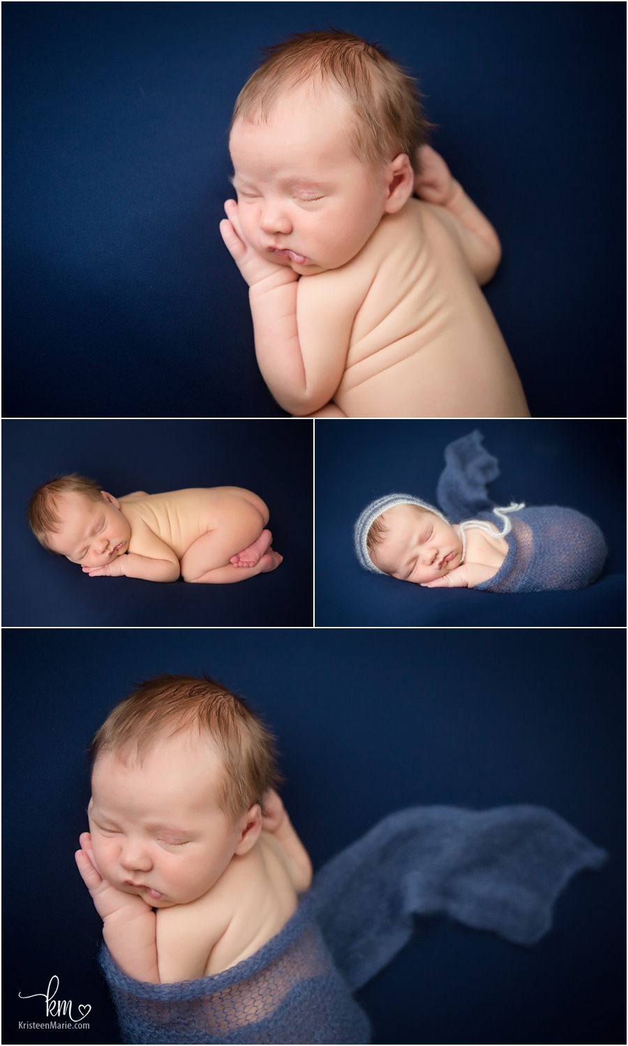 newborn boy on navy blue - sleeping posed newborn pictures