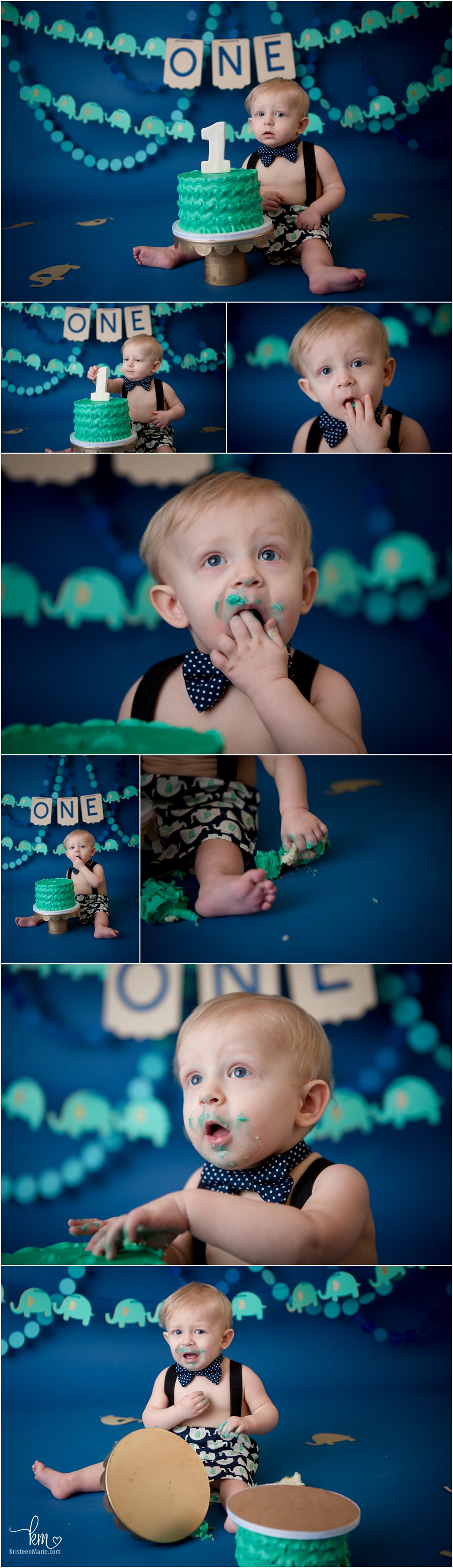 teal, navy blue, and gold elephant cake smash setup for 1st birthday pictures